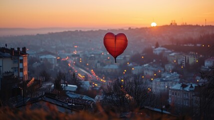  a heart shaped balloon flying over the city at sunset, valentine background. - obrazy, fototapety, plakaty