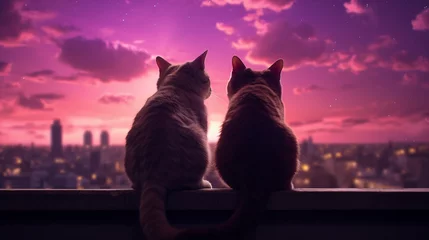 Foto op Plexiglas Anime Cats on Balcony At night © Flowstudio