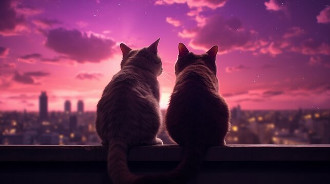 Anime Cats on Balcony At night