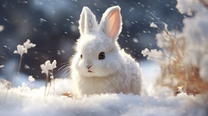 Beautiful tiny white rabbit on ice island