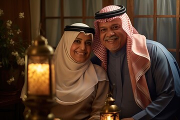 A cinematic portrait of a modern saudi couple smiling to camera during ramadan Generative AI