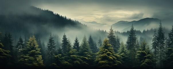 Evergreen forest foggy, Generative AI