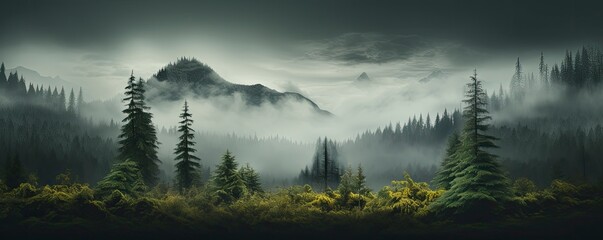 Fototapeta na wymiar Evergreen forest foggy, Generative AI