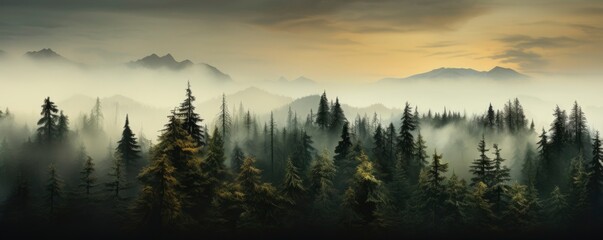 Obraz premium Evergreen forest foggy, Generative AI