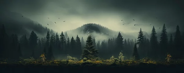 Tuinposter Evergreen forest foggy, Generative AI © kanesuan