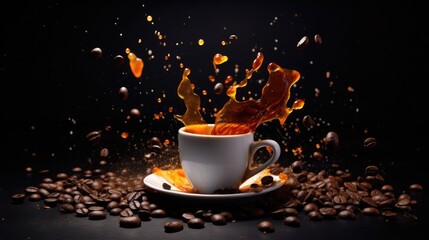 splash of coffee from the cup and coffee beans around it