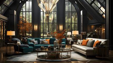 Deco Delight: A Living Room Masterpiece in Classic Art Deco Style - obrazy, fototapety, plakaty