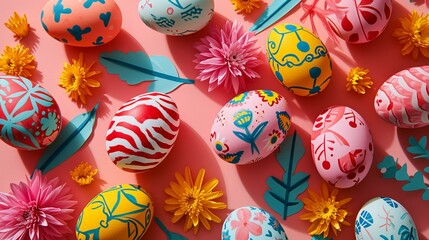 Photo of risograph geometric and floral print decorated Easter eggs pattern flat lay vibrant neon...