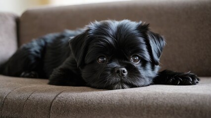 Affenpinscher dog lying on sofa in living room