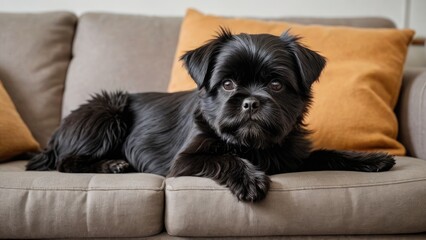 Affenpinscher dog lying on sofa in living room