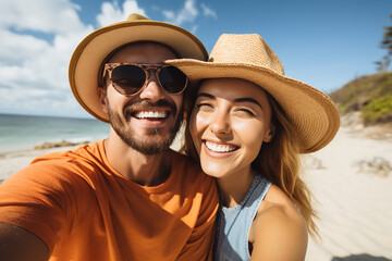 Happy couple taking selfie on beach near sea. Summer vacation