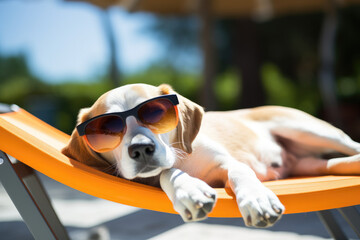 dog with sunglasses sunbathing on sun lounger. summer and vacation concepts