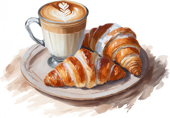 Two croissants and a cup of cafe latte, acrylic painting