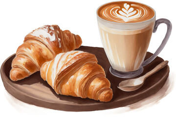 Two croissants and a cup of cafe latte, acrylic painting