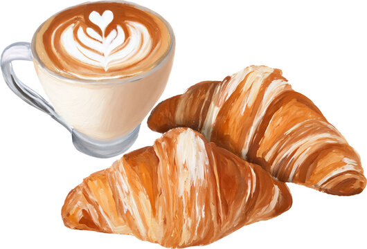 Two croissants and a cup of cafe latte, acrylic painting
