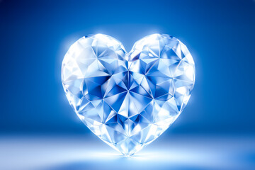 Radiant, crystal-clear diamond heart shines brilliantly against a soft blue backdrop, reflection of light, embodying purity, luxury, romance, and the enduring symbol of love and affection