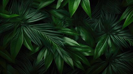 Fototapeta na wymiar Dark green large Tropical palm leaves on dark background. Natural summer background Close up.