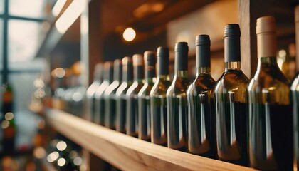  Wine bottles standing in a row on wooden shelf in the store - obrazy, fototapety, plakaty