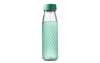 A Stylish Glass Water Bottle with a Protective Silicone Sleeve On a White or Clear Surface PNG Transparent Background.