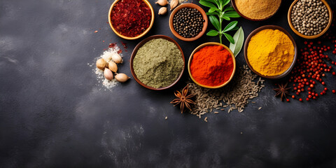Set of various spices on black rustic background healthy food , Cooking and seasoning spices.