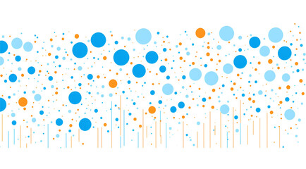 Graphic is a seamless pattern of blue and orange circles on a white background. The circles are evenly spaced and have a uniform size - obrazy, fototapety, plakaty
