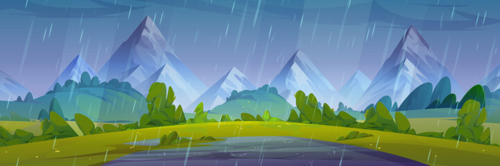 Summer rainy natural landscape with puddle on green grass of meadow in foot of high mountains. Cartoon vector panoramic country scenery with grassland near hills under rain falling from cloudy sky. - obrazy, fototapety, plakaty