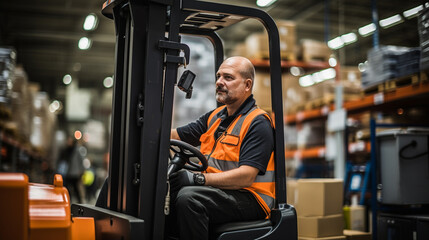 Man worker at forklift driver happy working in industry factory logistic ship. Man forklift driver in warehouse area. Forklift driver sitting in vehicle in warehouse - obrazy, fototapety, plakaty