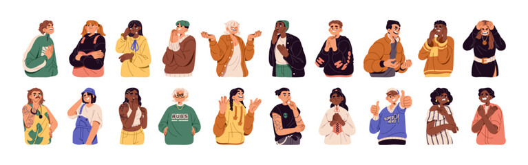 Diverse people with different emotions on face set. Funny characters with happy and sad facial expression. Various feelings gestures: laugh, crying, fear. Flat isolated vector illustration on white - Powered by Adobe