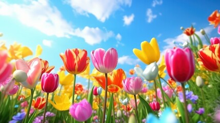 Beautiful tulip field aesthetic scenery background. Blooming Tulip garnden, Colorful flowers, Spring time