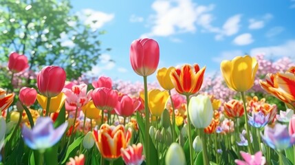 Obraz premium Beautiful tulip field aesthetic scenery background. Blooming Tulip garnden, Colorful flowers, Spring time
