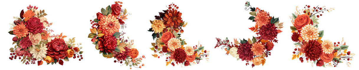 Fall floral skinny angular clipart of ranunculus, mums, roses, viburnum berries in a gouche style. Isolated on transparent background