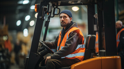 Man worker at forklift driver happy working in industry factory logistic ship. Man forklift driver in warehouse area. Forklift driver sitting in vehicle in warehouse