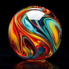 Colorful glass sphere with reflection on black background. 3D rendering