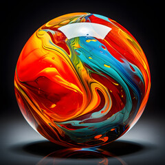 Colorful glass sphere with reflection on black background. 3D rendering