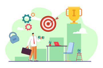 Man with dumbbell and briefcase climbing career ladder vector illustration. Target, Champion cup, kettlebell, office desk. Sport helping to achieve success at work. Balance between work and life