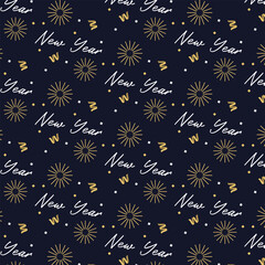 New year pattern with dark blue background, fireworks, ribbons.