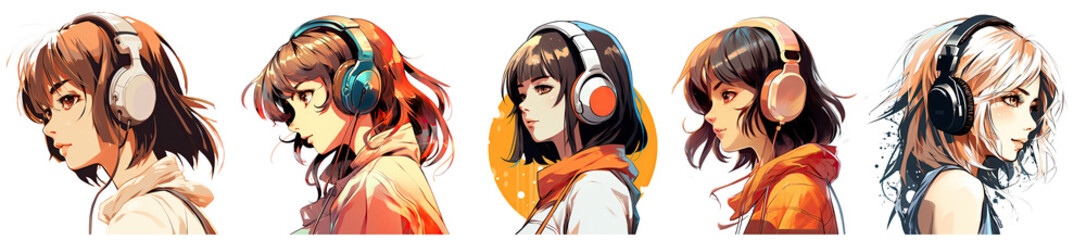 Lofi style. Beautiful manga girl wearing headphones Listening Hip hop. Profile picture. collection isolated on transparent background. Cartoon. Anime. - obrazy, fototapety, plakaty