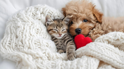 Cute tiny Toy Poodle puppy hugs happy tabby kitten under white warm blanket on a bed at home. Top down view. Empty space for text