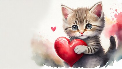 A kitten holding a red heart in its paws. Valentine's Day background