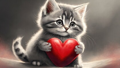 Kotek trzymający w łapkach czerwone serce. Tło walentynkowe - obrazy, fototapety, plakaty