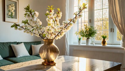  Blooming cherry branches in a vase on the counter. The living room is in the background. Spring or Easter background - obrazy, fototapety, plakaty