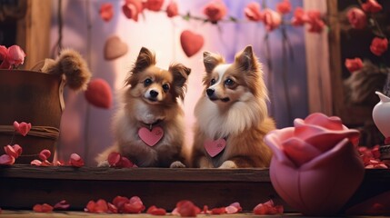 Couple of dog on romantic valentines background. Valentine's day greeting card, in love