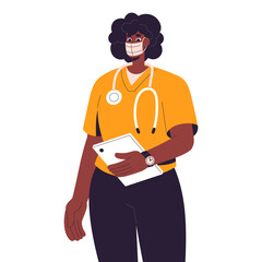 Young nurse holds tablet, standing. Doctor in medical uniform with stethoscope on neck. Medic, clinic worker in protective mask. Woman works in healthcare. Flat isolated vector illustration on white