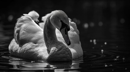 two swans in the lake - obrazy, fototapety, plakaty
