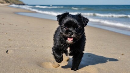Affenpinscher dog running on the beach