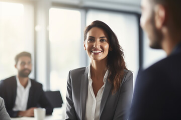 a portrait of happy young business woman in office