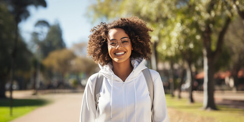 A happy American student with a backpack poses looking at the camera outdoors on a sunny day. Modern education and student lifestyle - obrazy, fototapety, plakaty