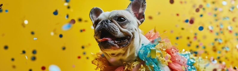 Cute dog wearing colorful clothes dancing on yellow background. Banner