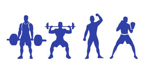 Men's silhouettes doing sports. Bodybuilder. Boxer. Winner pose