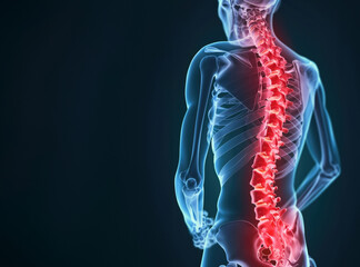 3D model of human body with highlighted bones and spine in red colour showing the painful place